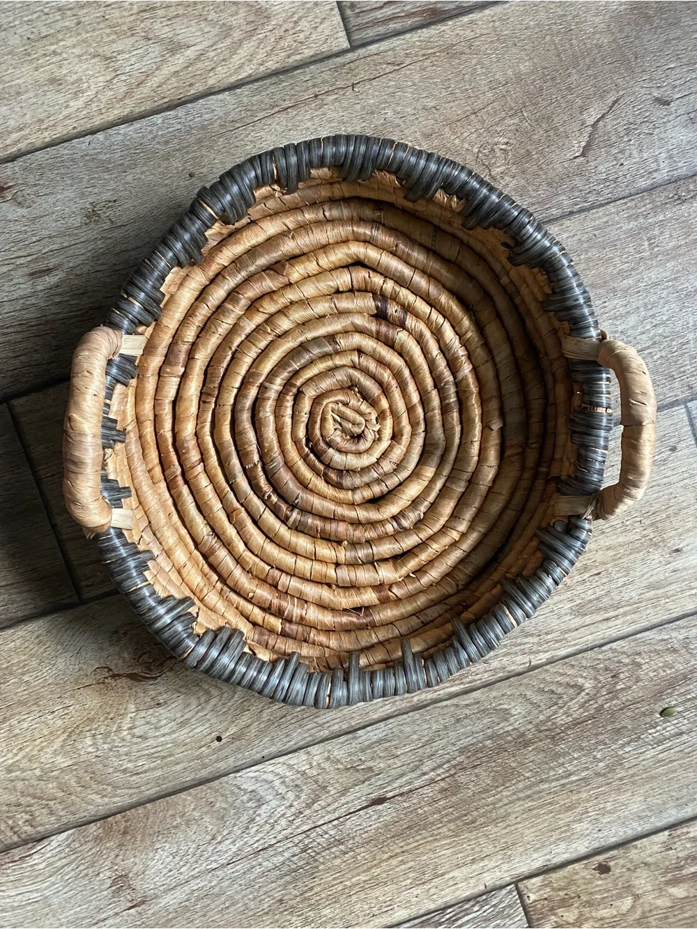 Vintage Handwoven Coiled Basket Tray with Handles – 14” Boho Decor Centerpiece